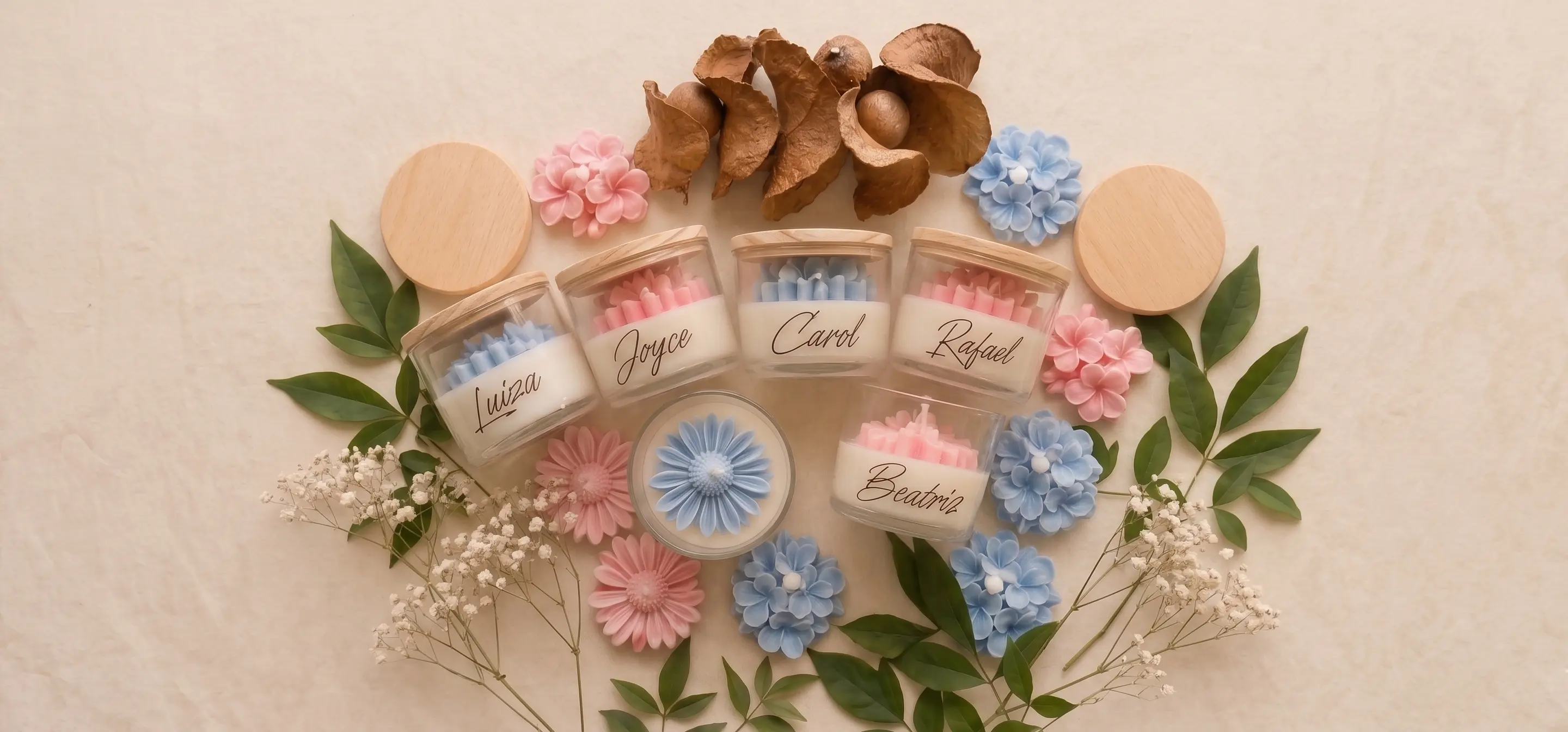 Coleção Blossom — velas com flores esculpidas personalizadas