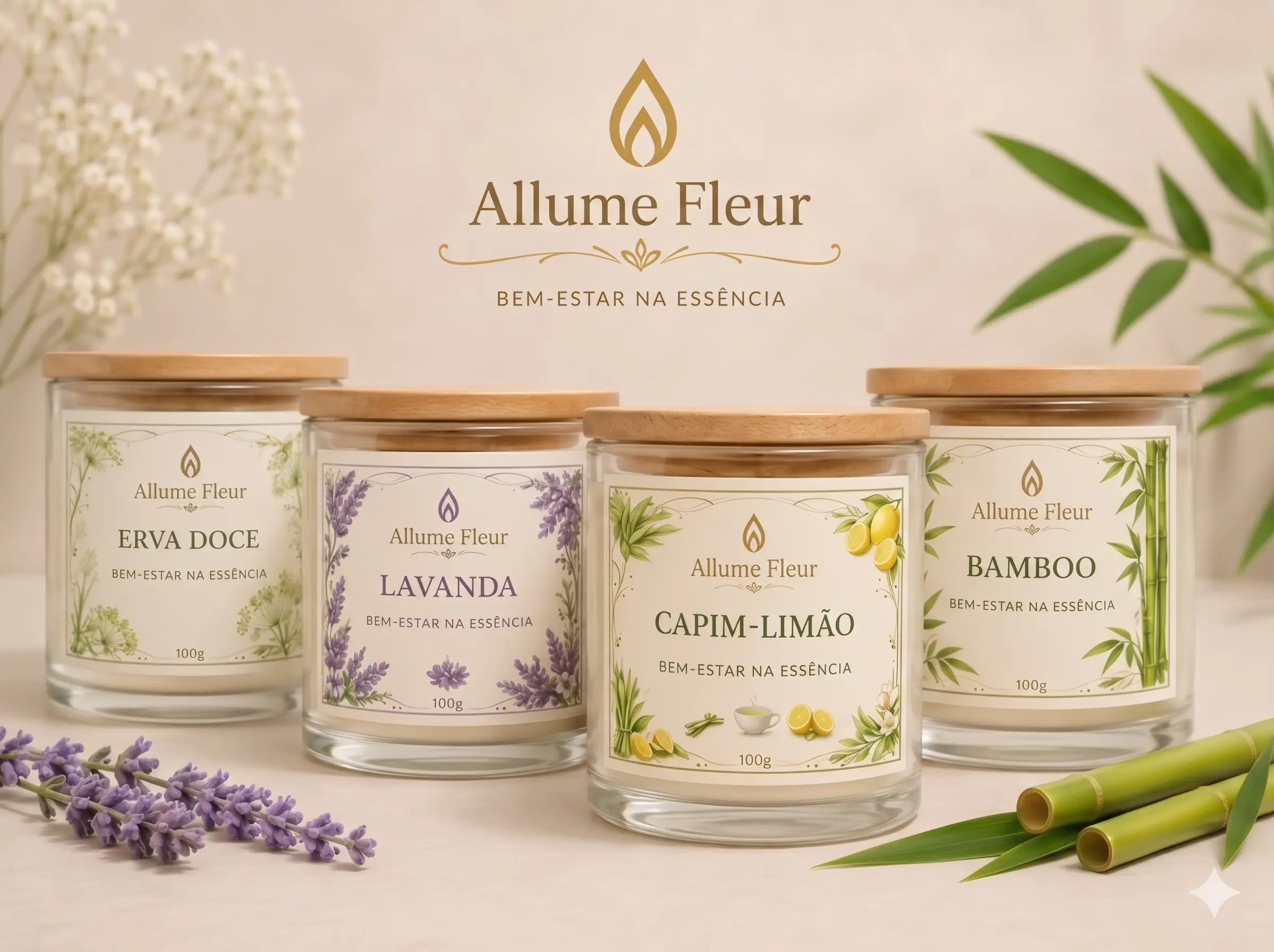 Coleção Calm — velas aromáticas Lavanda, Erva Doce, Capim-Limão, Bamboo